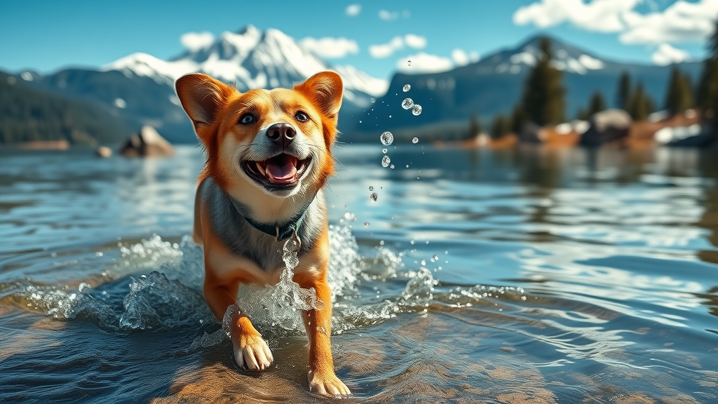 Dog splashing by a Cascade Lake with snow-capped mountains and pines. cascade lakes dog-friendly hiking Central Oregon