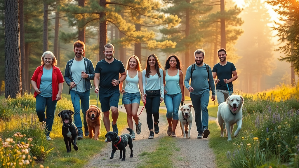A group of people hiking with their dogs through tall ponderosa pines and wildflowers on a Central Oregon trail. Various dog breeds on leashes. Misty morning sunlight. dog-friendly hikes central oregon