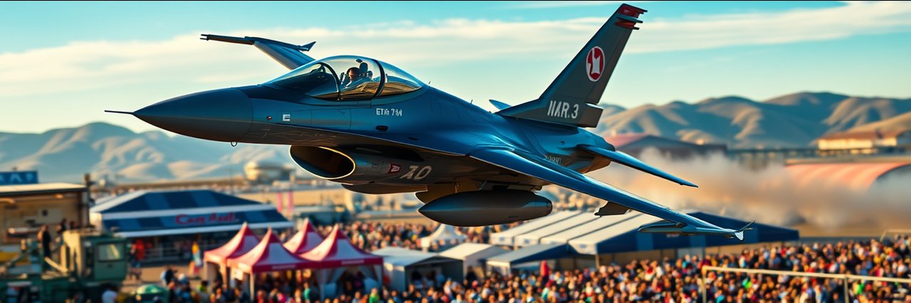 F-16 jet soaring above Oregon Airshow 2025 crowd, golden hour, dramatic.