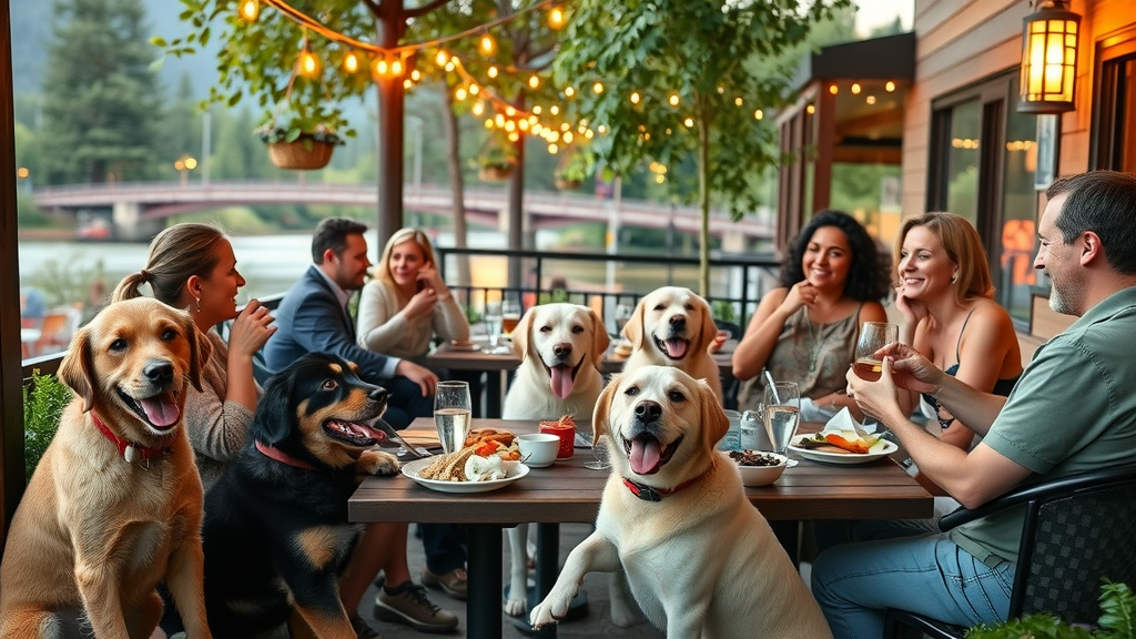 Pet-friendly restaurants Bend Oregon patio with happy dog owners and their furry friends enjoying meals along the Deschutes River, sunset lighting, lush greenery, and string lights