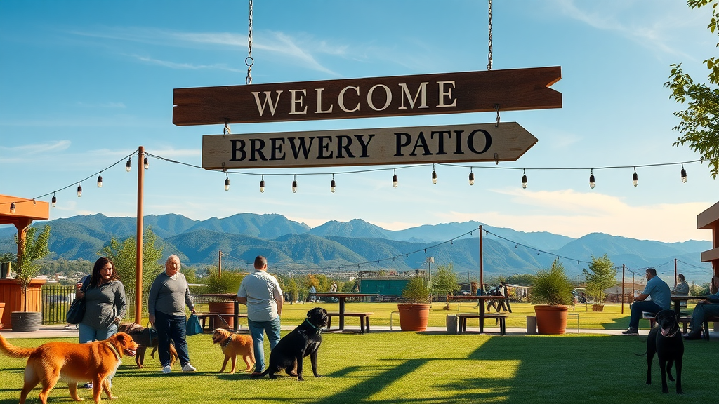 Pet-friendly brewery patio in Bend Oregon with owners and leashed dogs, panoramic dog park views and mountain backdrop, sunny and green