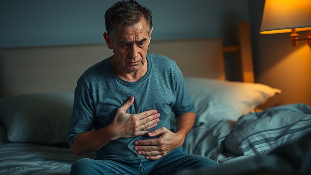 Distressed adult experiencing kratom side effects and stomach pain at night