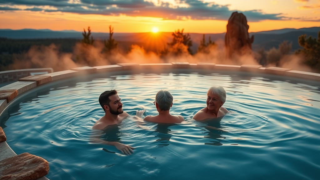 Hot springs pool at Central Oregon wellness center, couple and senior relaxing, steam rising, surrounded by juniper, mountains, golden hour