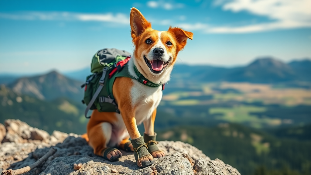 Dog wearing trail booties and backpack sitting at a rocky overlook with Central Oregon scenery. dog-friendly hiking gear central oregon.