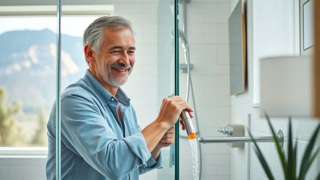 Remodeled bathroom in Central Oregon, homeowner updating faucet, contemporary style with natural lighting