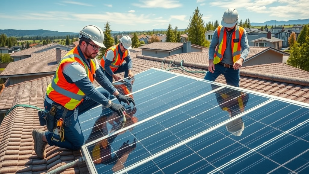 Professional solar installation team working on a residential rooftop in Central Oregon, actively mounting solar panels, safe and efficient, illustrating installing solar panels for your home in central oregon.
