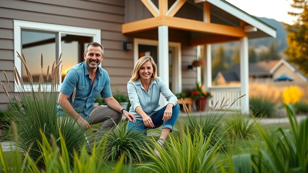Central Oregon home improvement curb appeal with cheerful homeowners and native plants, Cascade mountains in background, low cost home improvement ideas
