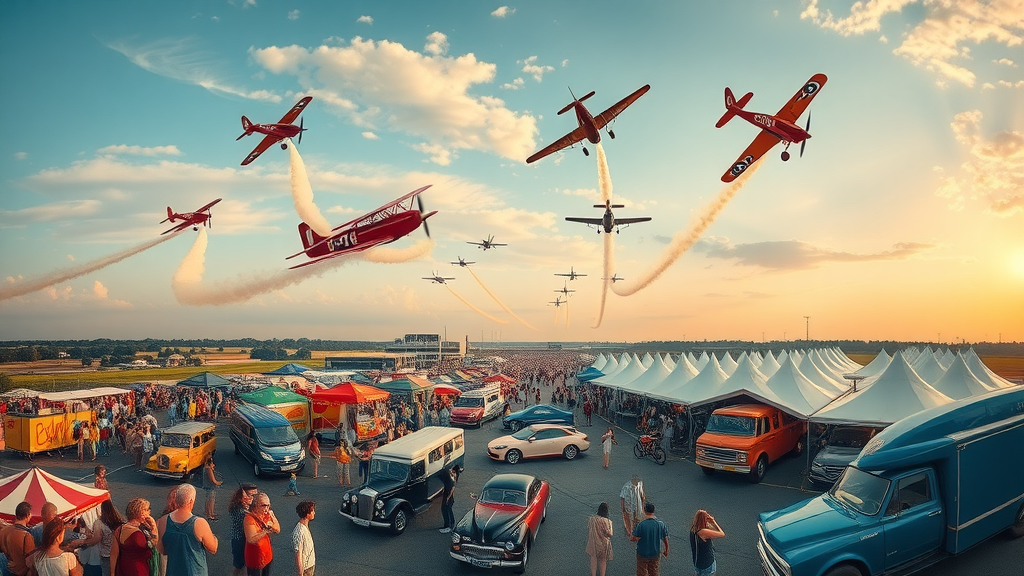Aerial view of Oregon Airshow 2025 with planes, crowds, classic cars, and festival
