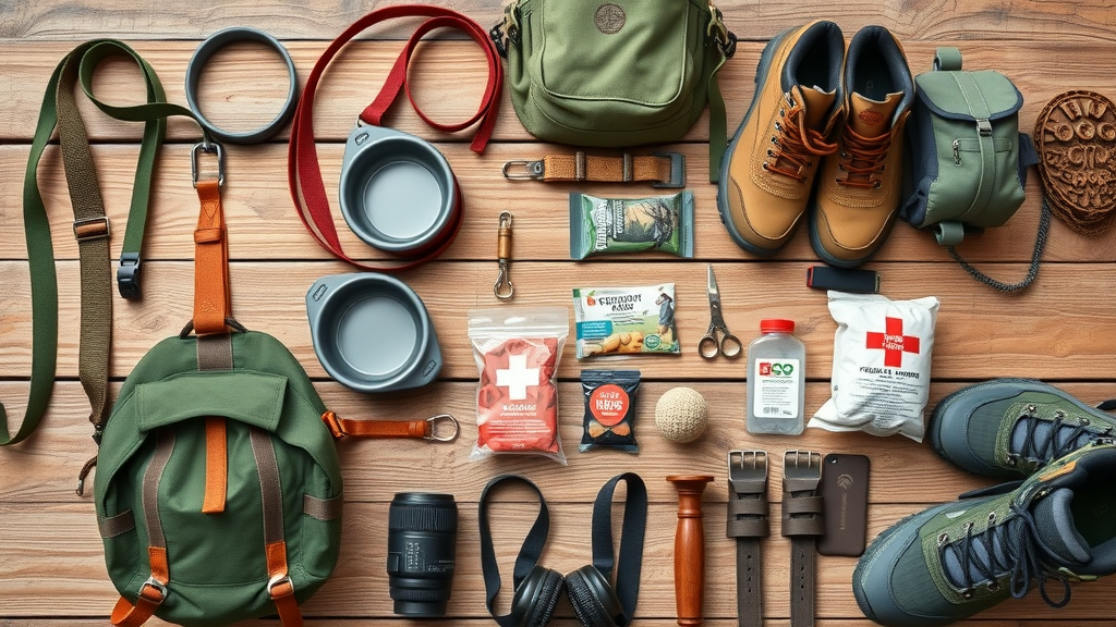 Flat lay of hiking gear and dog essentials for central oregon hikes including leashes, collapsible water bowls, dog backpack, treats, and first aid kit. dog-friendly hikes central oregon packing checklist