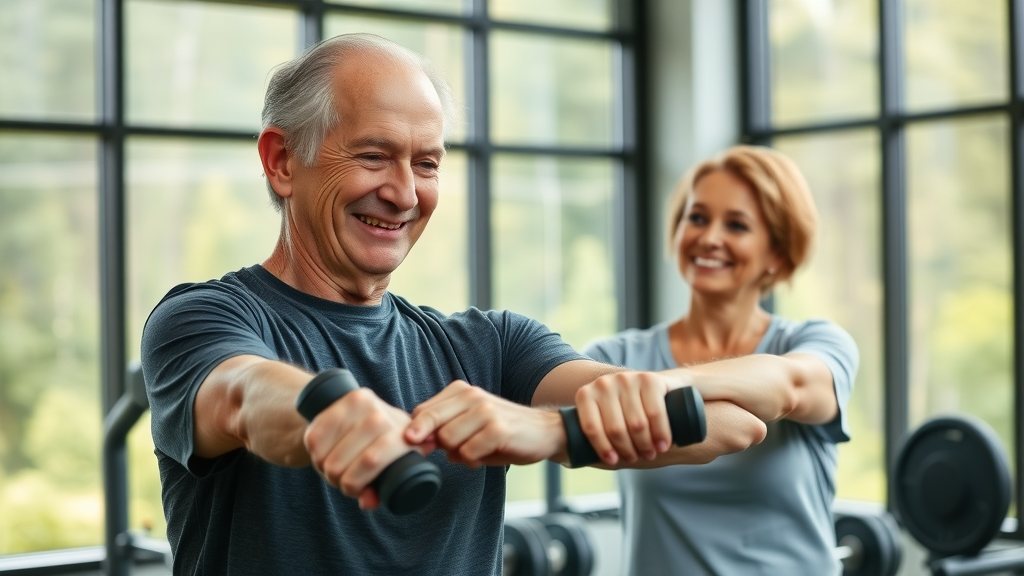 Older woman and fitness instructor exercising in a wellness center with Oregon forest views, energy and encouragement