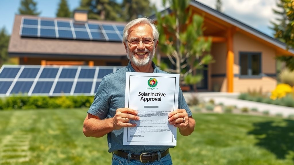 Confident Central Oregon homeowner approved for solar incentive, modern solar powered home in background, showing support for solar power for your home in central oregon.