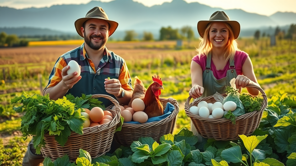 Central Oregon farm landscape, baskets with fresh vegetables and eggs, smiling local farmers, mountains