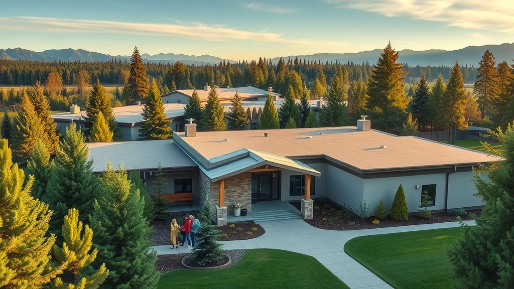 Wellness centers Central Oregon nestled among pine trees and mountains, families and seniors arriving, serene landscape, clear sky, gentle breeze, warm earthy tones, wide-angle view
