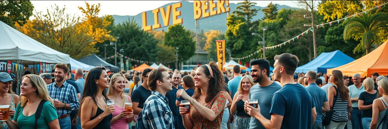 Crowds enjoying Bend Beer Festival 2025 in a sunny park with mountains and tents.
