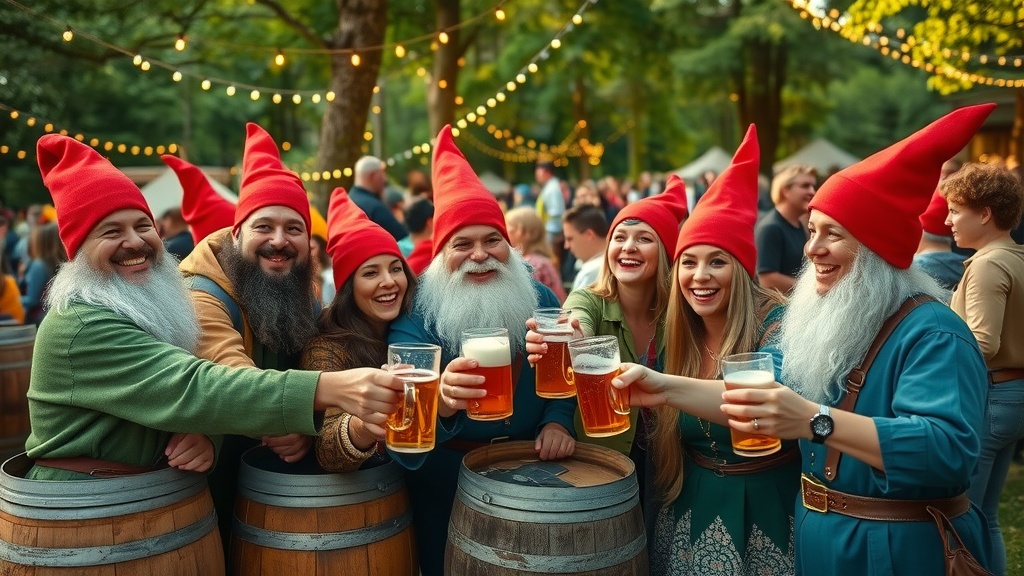 Smiling friends in gnome costumes toasting beer at Bend Beer Festival 2025