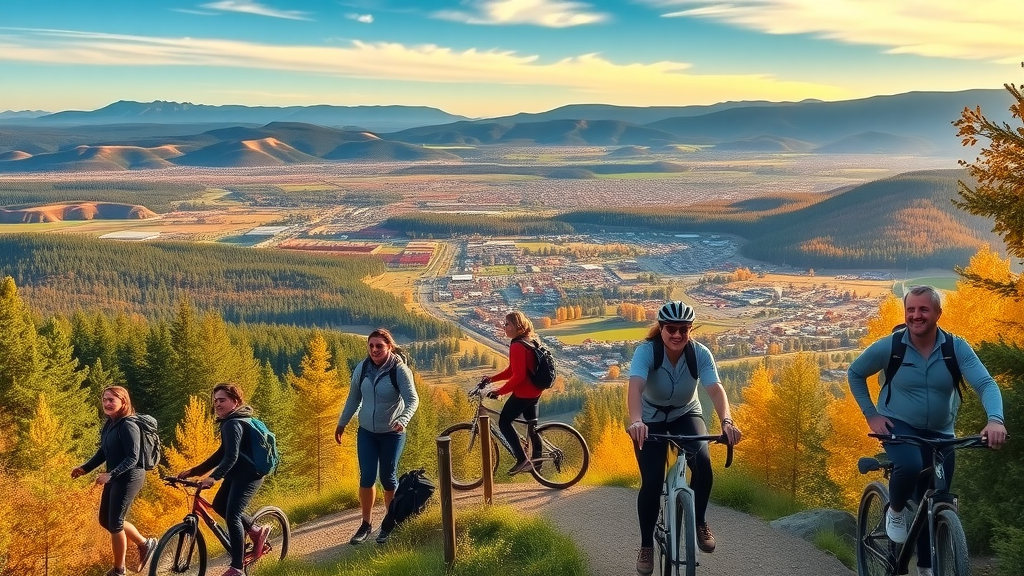 panoramic view recreation in Bend, Oregon showcasing hiking and cycling on trails with distant mountains, autumn foliage, and the city in the valley.
