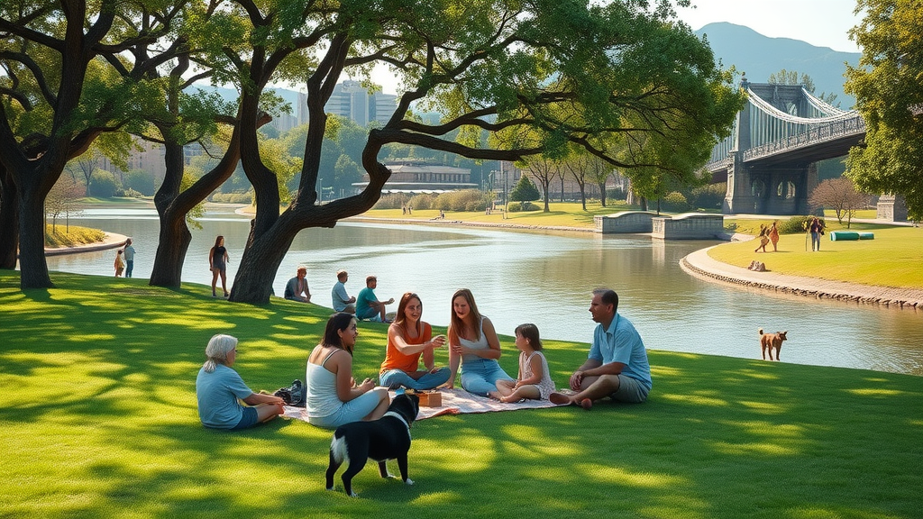family enjoying picnic at Bend park by the river with iconic footbridge and mountain skyline, lush grass and large shade trees, people playing frisbee and walking dogs.