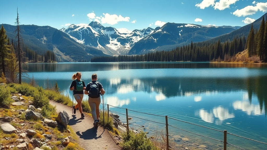 exhilarated hikers on lake trail with pine trees, crystal water, Cascade Range in distance, vibrant nature in Bend, Oregon