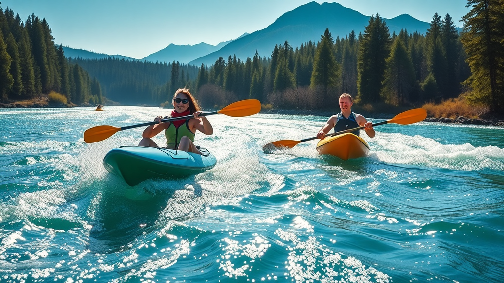 kayaker and paddleboarder on Deschutes River in Bend, Oregon, with forested banks and vibrant blue water, enjoying top water recreation activities.
