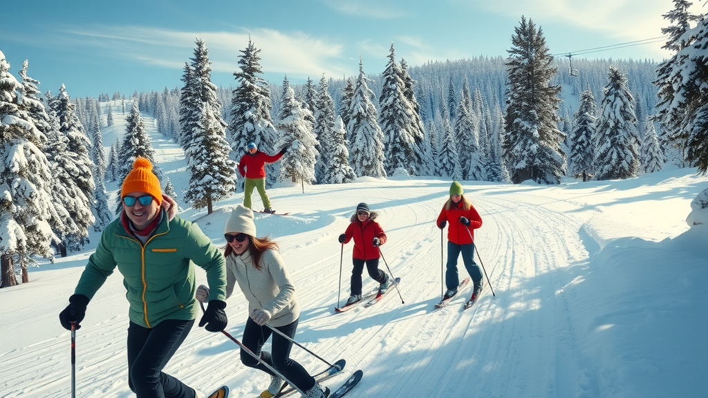 families skiing and snowshoeing at a snowy mountain recreation area in Bend, Oregon, with bright winter colors and pine trees dusted with fresh snow.