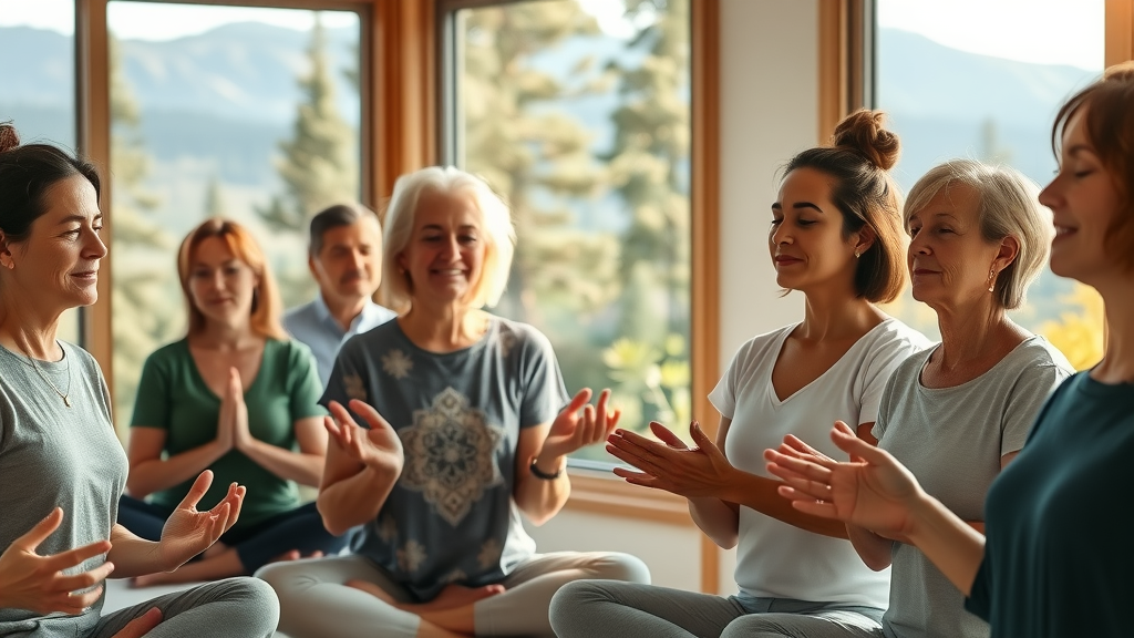 Serene wellness retreat setting in Central Oregon, group of adults engaged in holistic therapy and meditation with mountain views