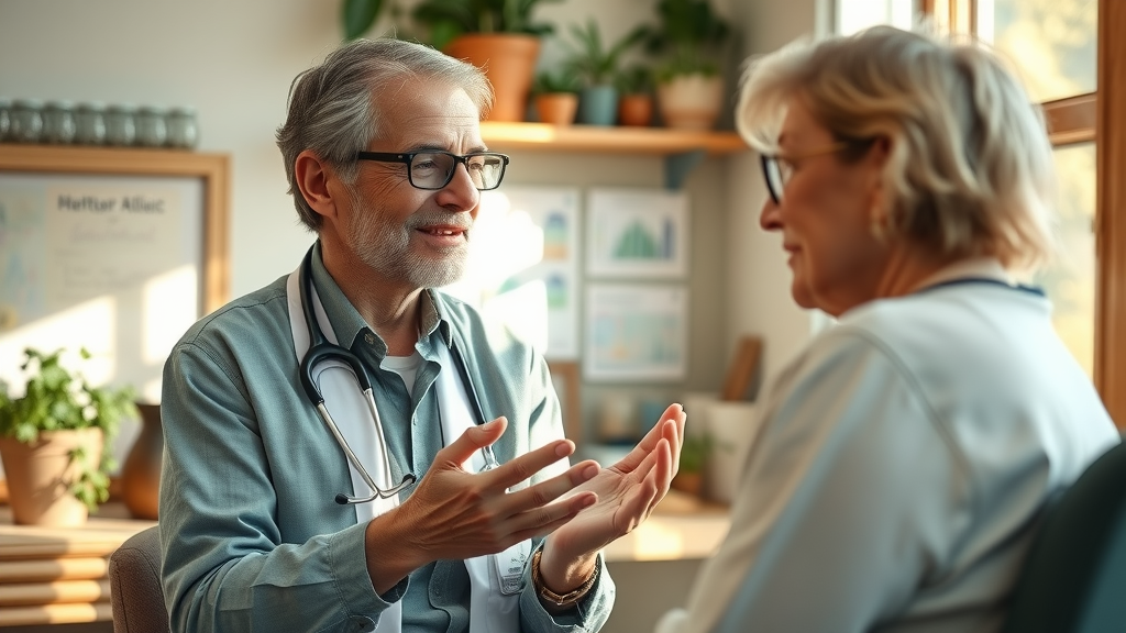 Naturopathic doctor consultations in Central Oregon, explaining herbal remedies to a patient in a cozy clinic with natural light