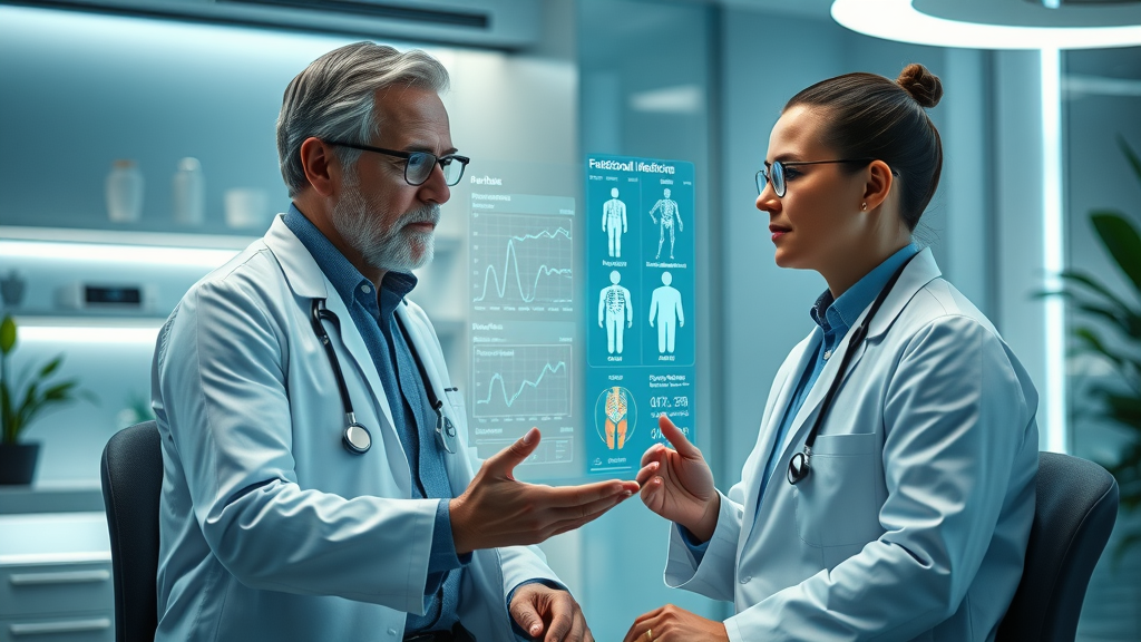 Futuristic functional medicine consultation in Central Oregon, doctor and patient in clinic with digital diagnostic equipment