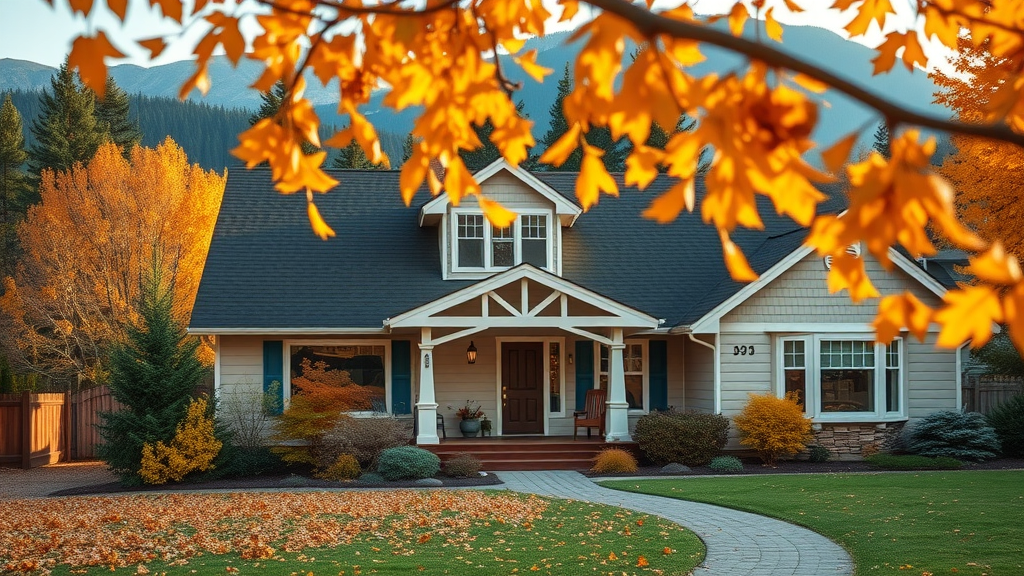 get your central oregon home ready for fall with a well-maintained suburban home surrounded by vibrant fall foliage, mountain and pine forest background, golden leaves swirling in the breeze