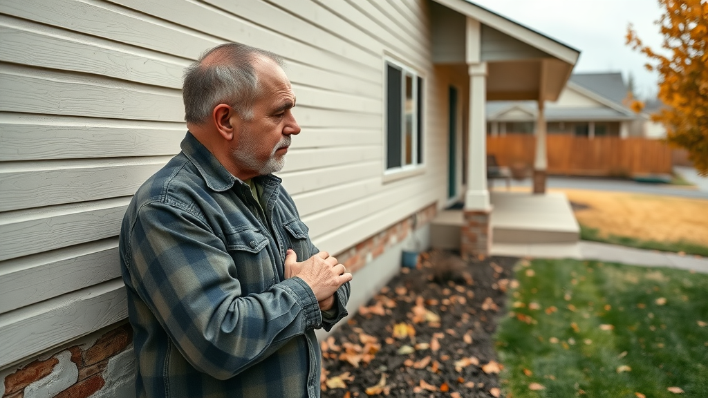 attentive homeowner inspecting siding and foundation for cracks in central oregon, preventing water damage