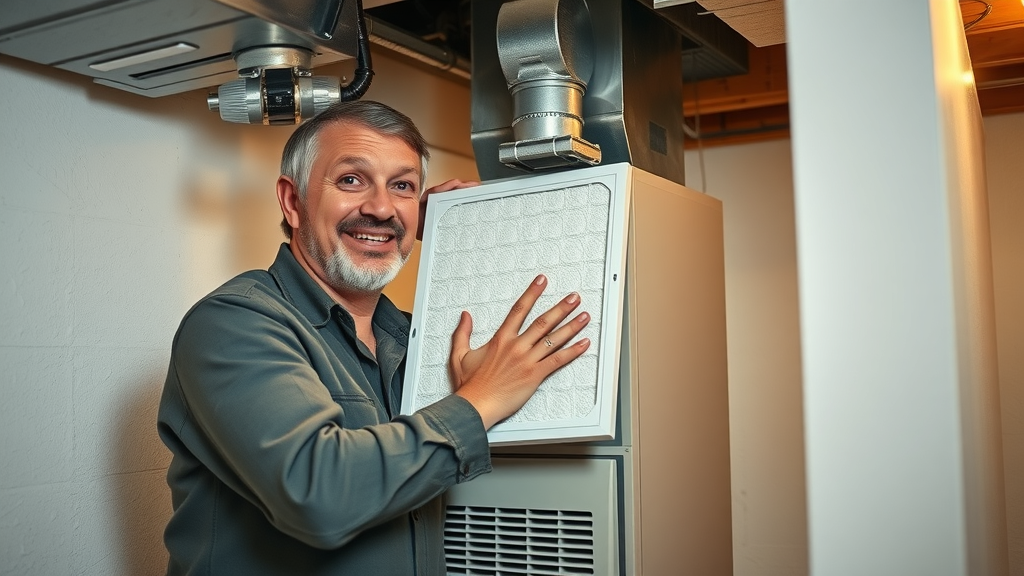 homeowner changing furnace filter as part of getting your central oregon home ready for fall