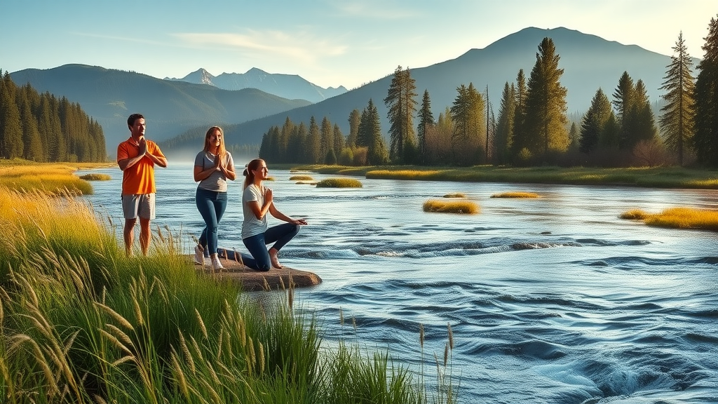 Serene Central Oregon landscape showing locals practicing mindfulness and engaging in outdoor activities for holistic health central oregon