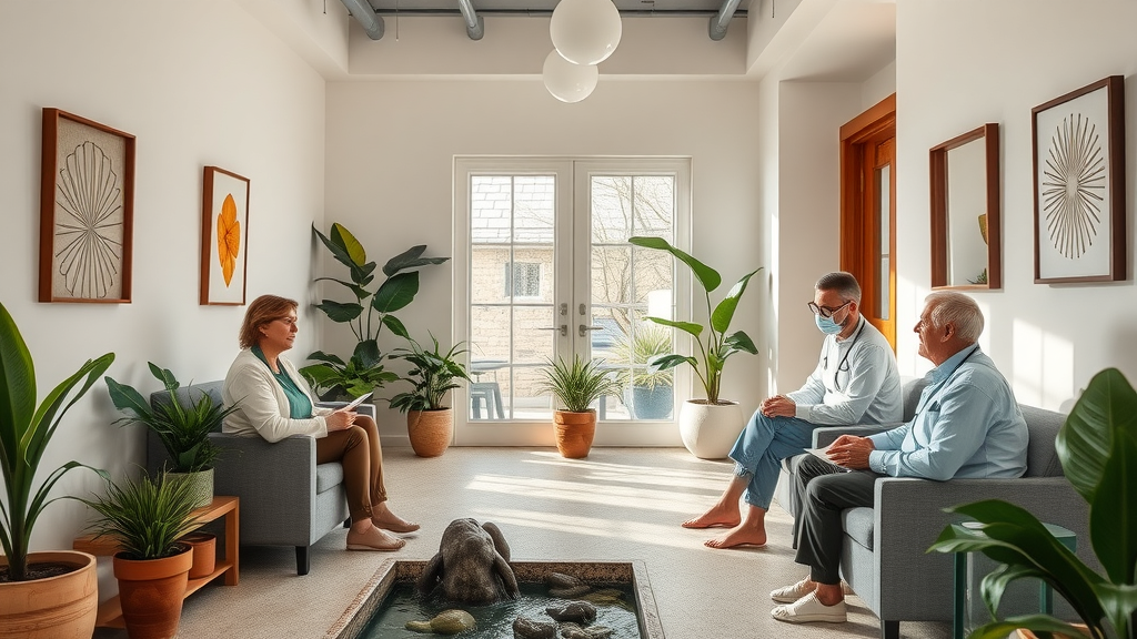 Bright integrative health clinic interior in Central Oregon with practitioners consulting patients using holistic assessment tools for holistic health central oregon