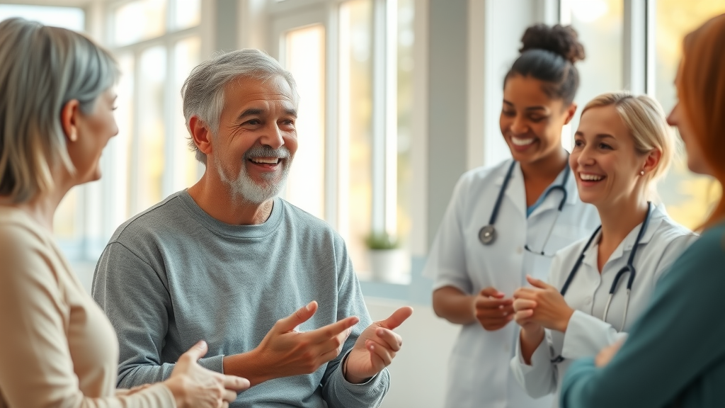 Smiling patient collaborating with a holistic care team in a Central Oregon wellness center, illustrating patient journey in holistic health central oregon