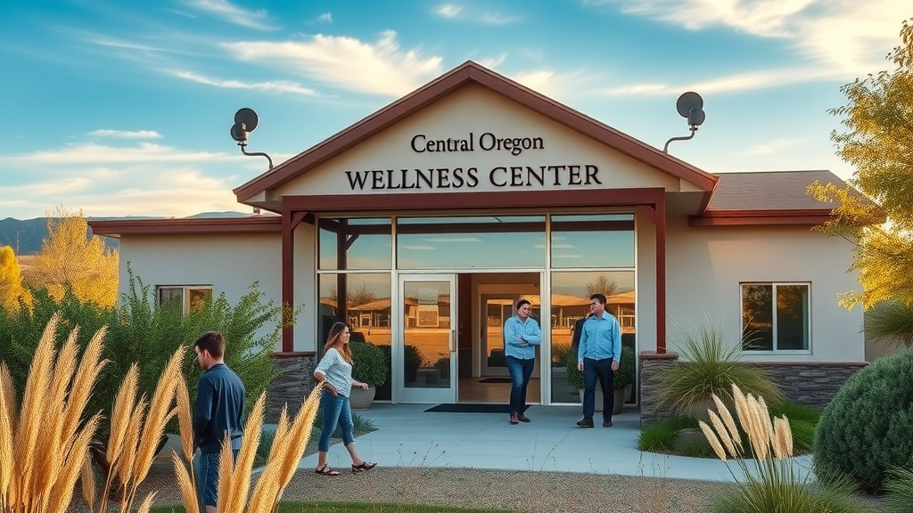 Welcoming Central Oregon wellness center exterior with families and individuals arriving for holistic health appointments