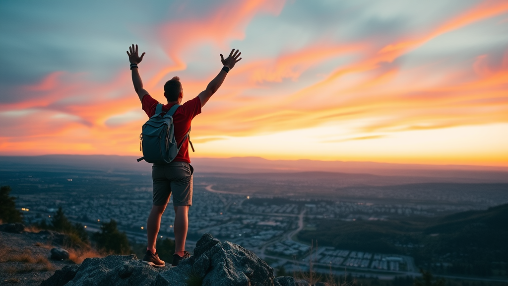 pilot butte state park sunset summit view overlooking Bend and cascades, joyful hiker with city lights in background