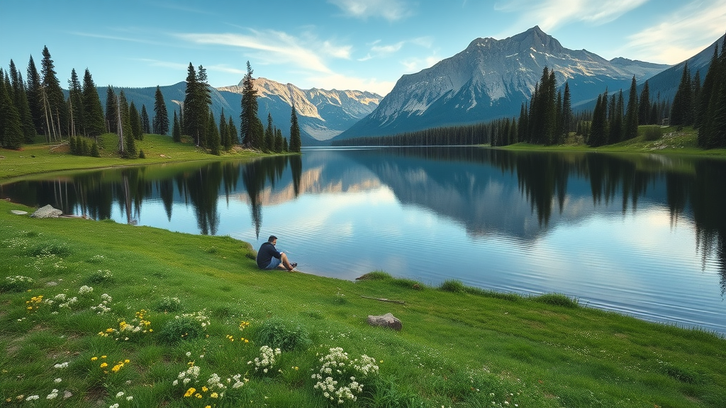 moraine lake trail in Bend with peaceful meadow, reflecting pines, and hikers pausing at the shore