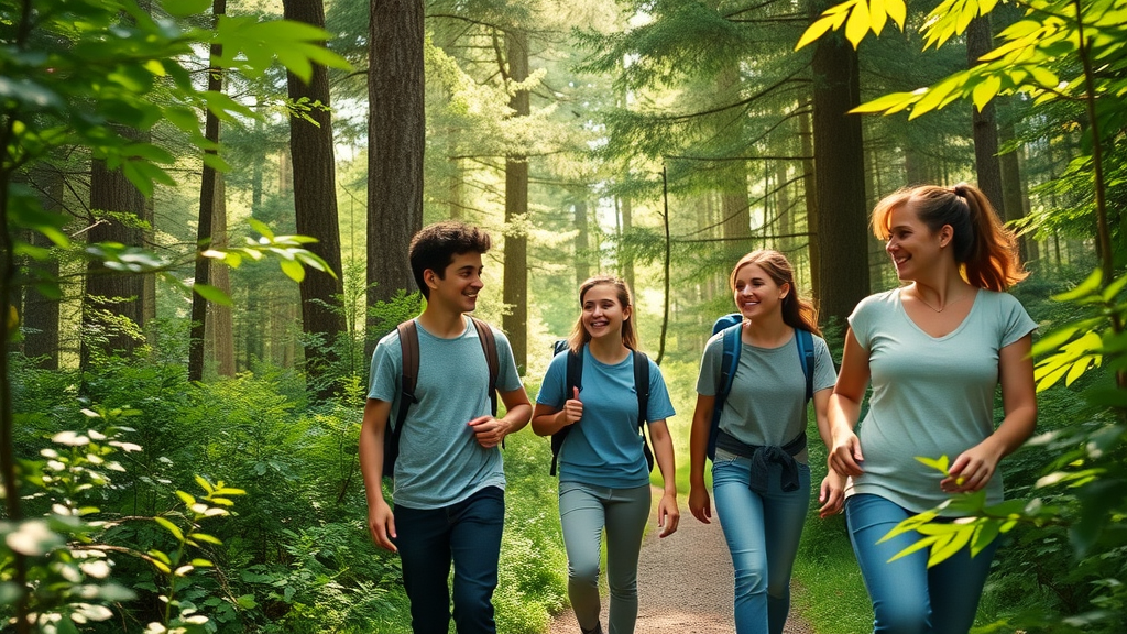 family hiking group exploring lush forest path in a Bend area state park, dappled sunlight and tall evergreens