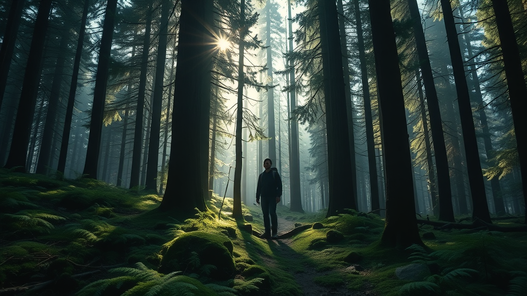 hiker exploring deep, green Deschutes National Forest with dappled light and mossy understory