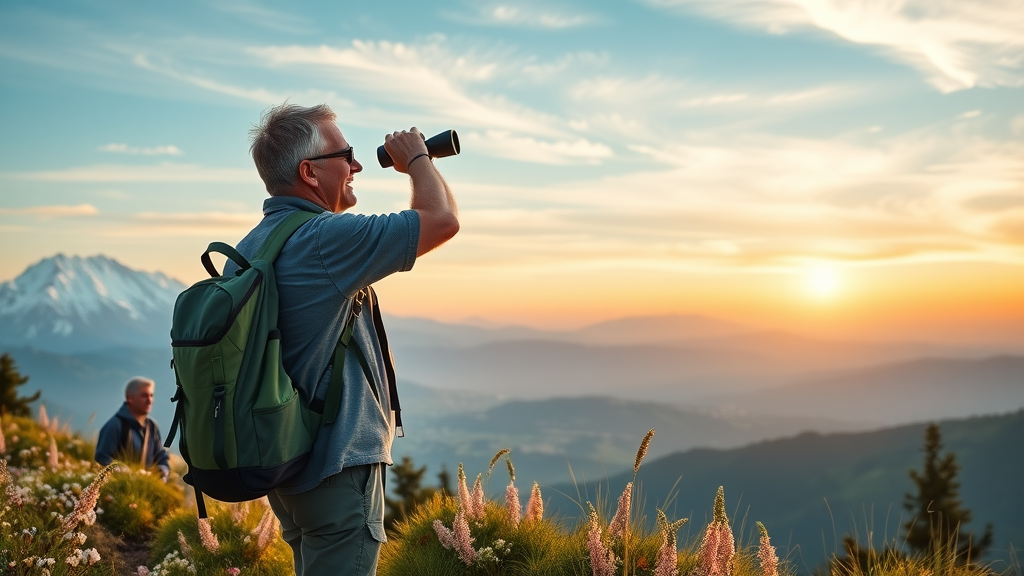 inspiring mountaintop view with cheerful hiking guide and group at sunrise, showing snowy peaks and flower meadows in Bend