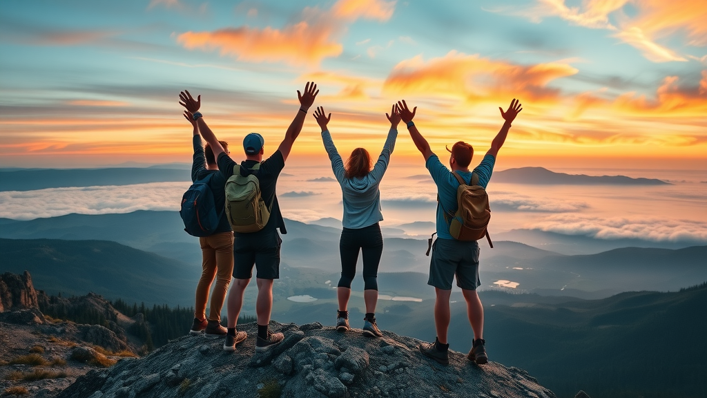adventurous hikers celebrating at Bend mountain summit with panoramic Oregon peaks and sunrise light