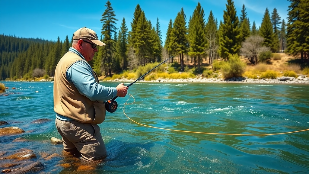 An angler fly fishing on a clear Central Oregon river with lush forested banks and rippling blue water, representing scenic bend oregon fishing spots.