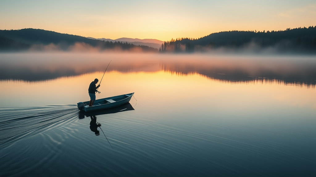 Misty sunrise scene over East Lake with a fisherman launching a boat, pine hills reflected in tranquil water—showcasing peaceful bend oregon fishing spots.