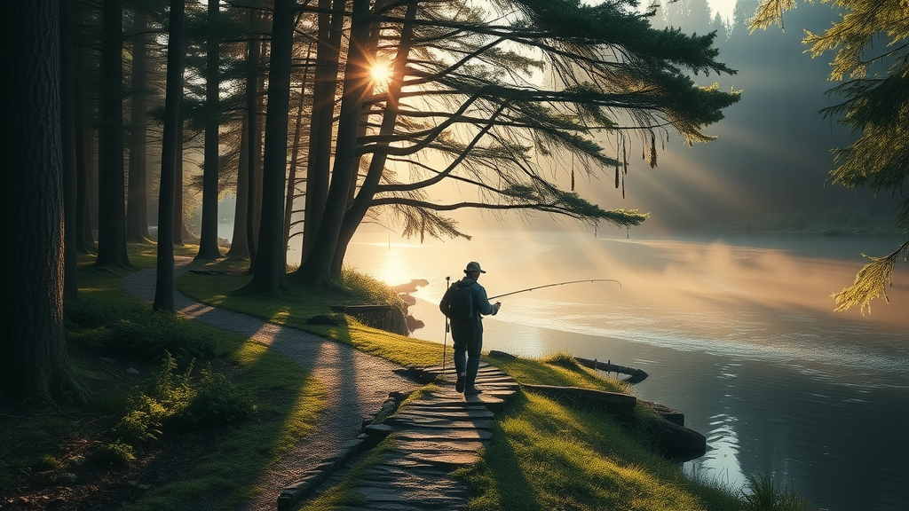Angler trekking a misty Central Oregon forest path toward a secluded hidden fishing cove in the golden hour.