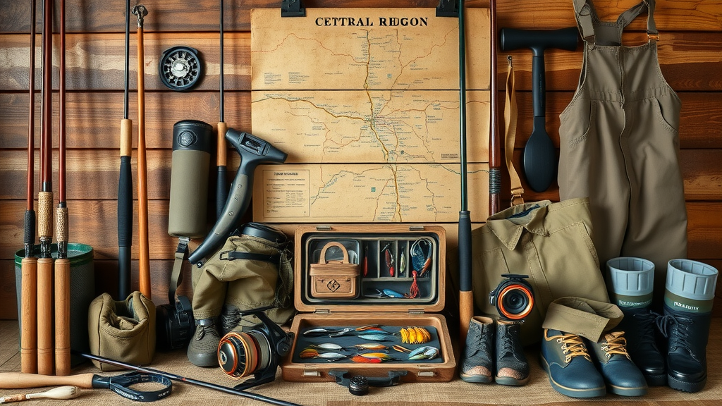 Neatly arranged fly fishing gear—rods, reels, waders, box of flies, Oregon map in background—representing gear for bend oregon fishing spots.