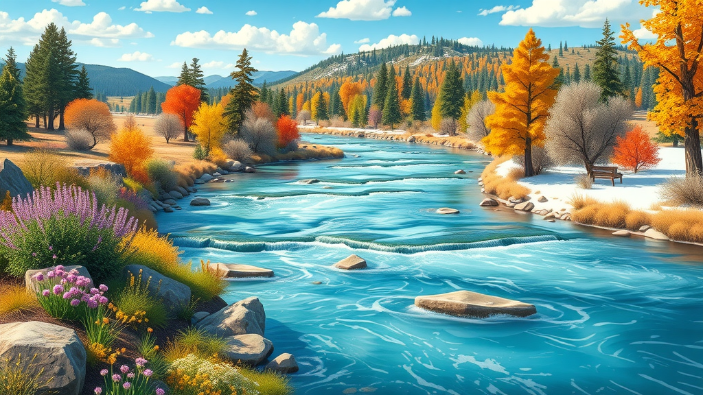 Cartoon progression of Bend Oregon riverbanks through four seasons, highlighting year-round dynamism of region’s fishing spots.
