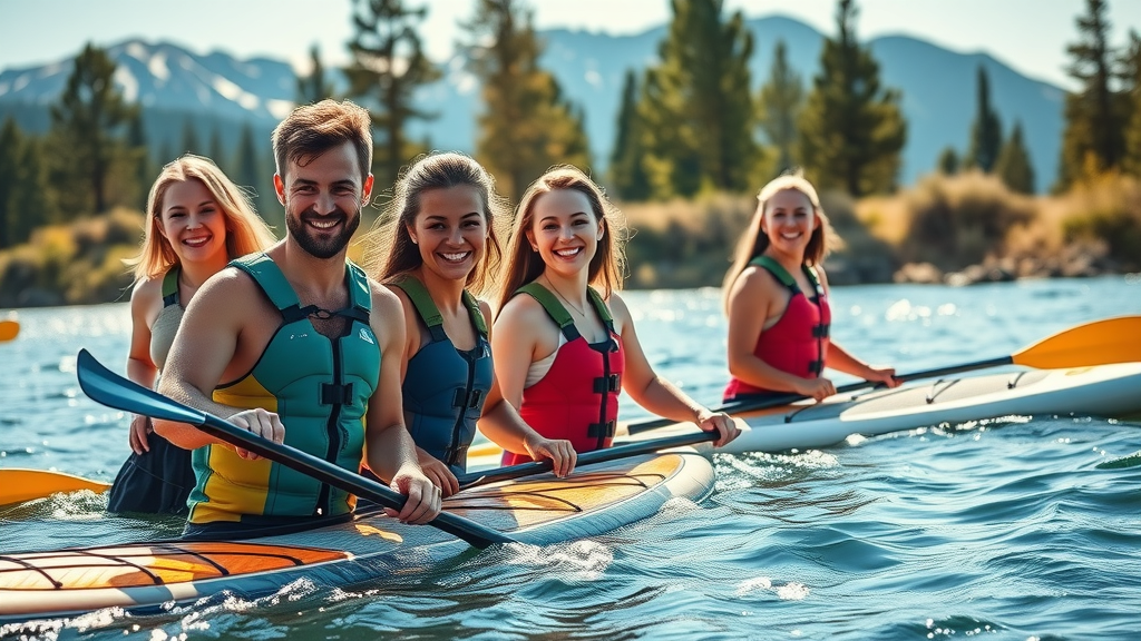 Group of friends paddleboarding on the Deschutes River, water sports Bend Oregon, pine trees and snow-capped mountains in the background, vibrant outdoor scene