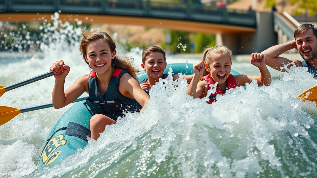 Family rafting whitewater rapid at Bend Whitewater Park, energetic outdoor action, iconic pedestrian bridge in background, water sports Bend Oregon