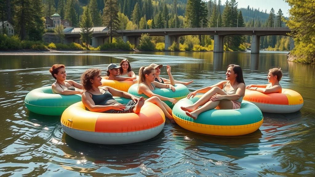 People tubing in the Deschutes River, colorful tubes, lush riverbanks and pine trees visible, relaxed summer water sports Bend Oregon