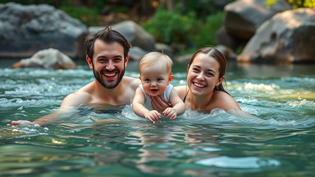 Family splashing in a swimming hole in Bend park, clear water, basalt rocks, and green Bend Oregon scenery