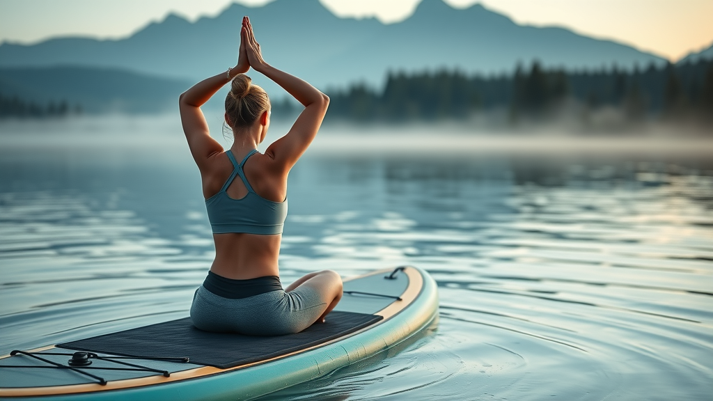 Woman practicing yoga on a paddleboard in Bend Oregon, calm waters, pine trees, alpine mountains, SUP yoga water sports